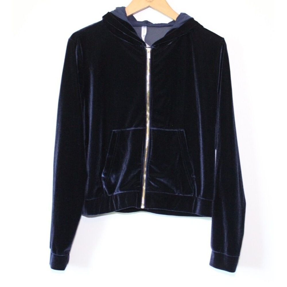 ✨2/$20 Fabletics Donna Velour Full Zip Up Hoodie Deep Navy Gold Medium Jacket - Picture 3 of 10